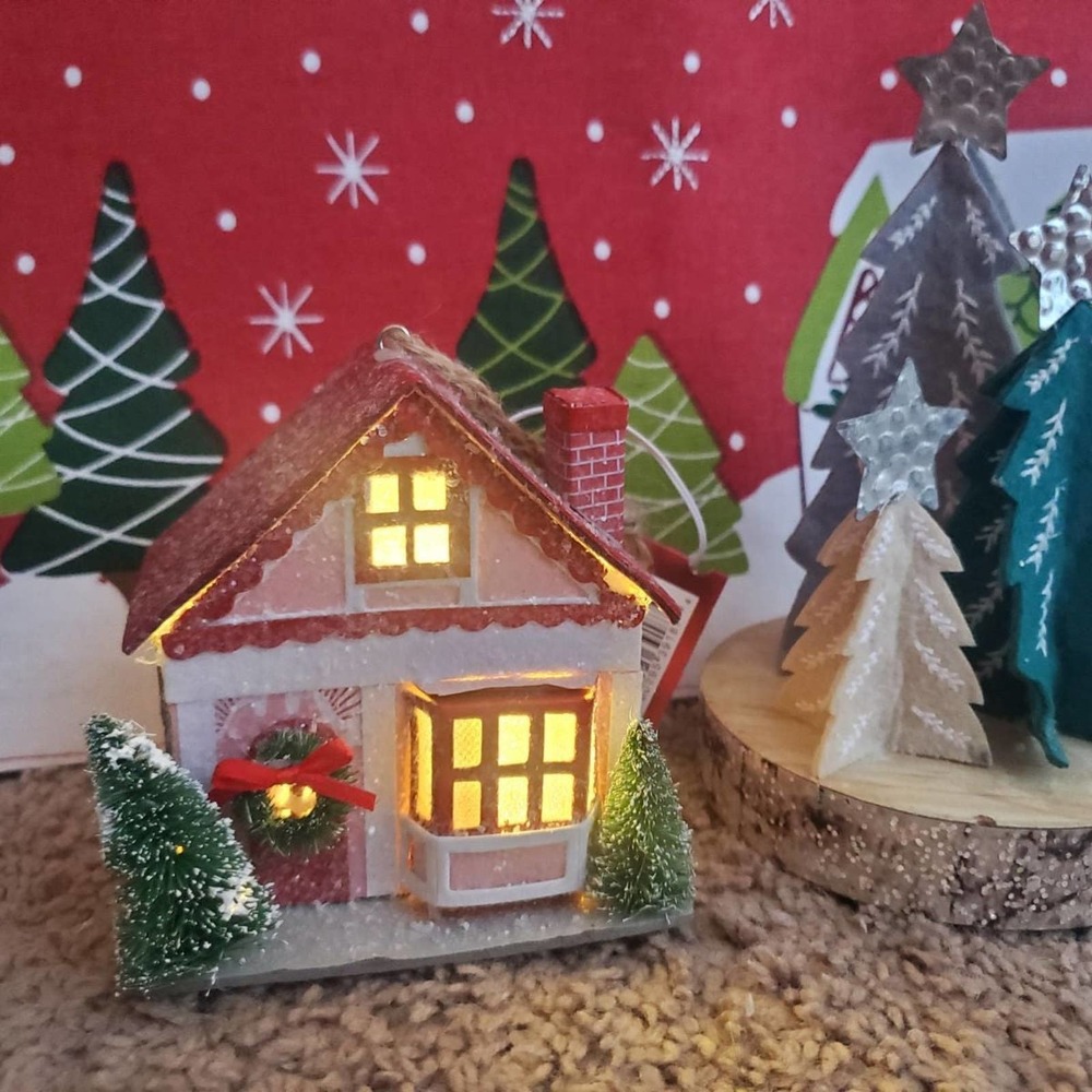 Christmas light up house decor or ornament pink snow pine trees wearth gingerbre